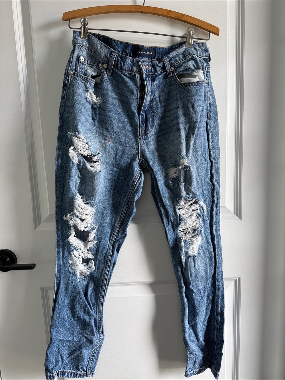 Aeropostale Women’s Distressed Slim Mom Jeans in Light Blue - 8